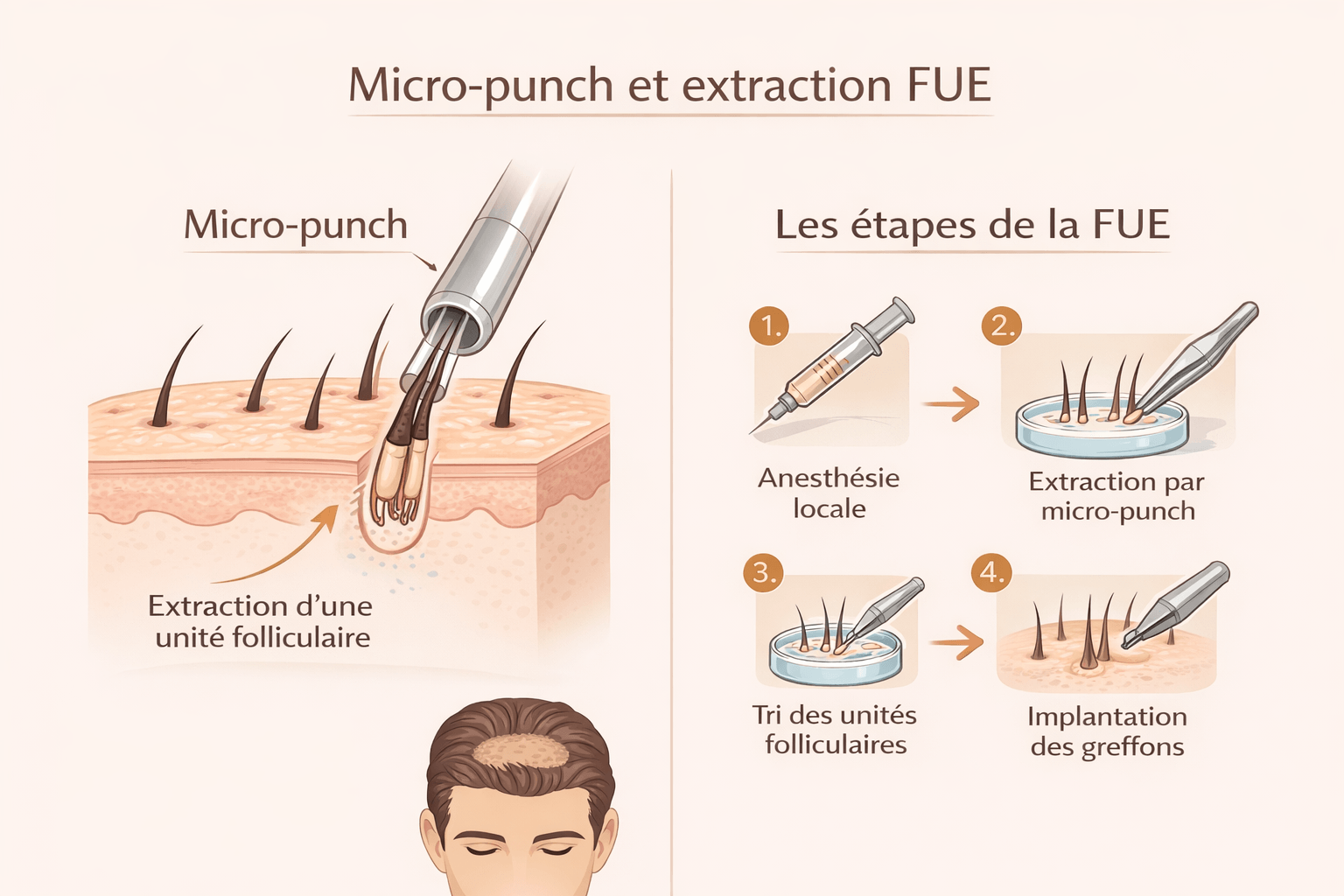 Schéma des étapes de la greffe capillaire FUE : extraction des greffons par micro-punch et implantation