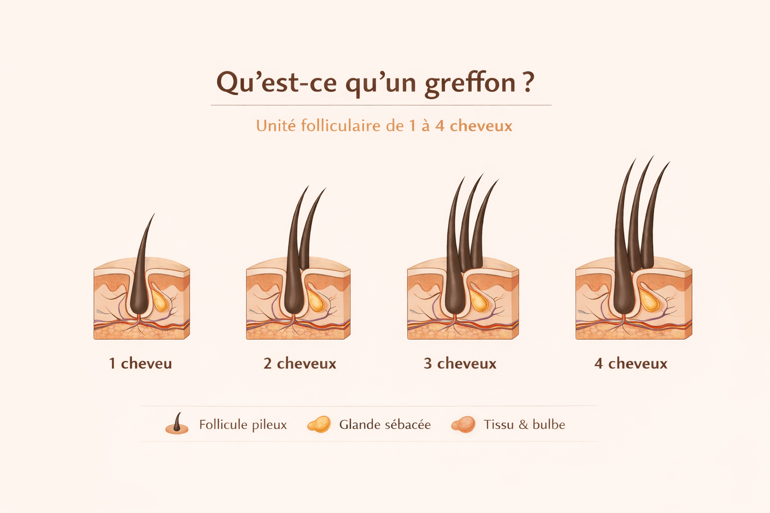 Schéma d’un greffon capillaire utilisé en technique FUE (1 à 4 cheveux)