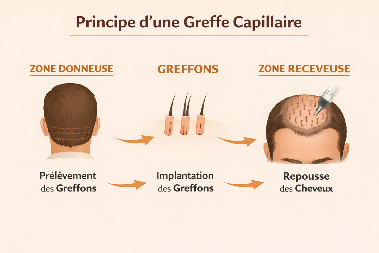 Schéma greffe capillaire Schéma greffe capillaire FUE étapes prélèvement implantation repousse cheveux