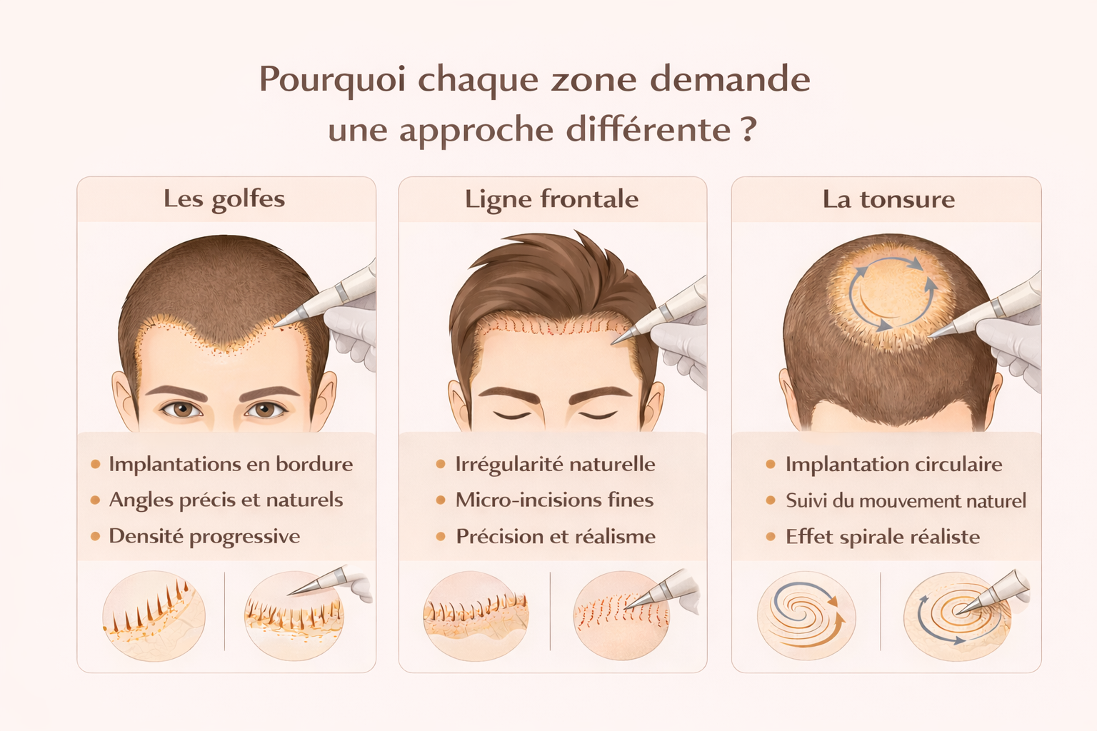 Schéma illustrant la stratégie de greffe capillaire selon la zone à traiter : golfes, ligne frontale et tonsure
