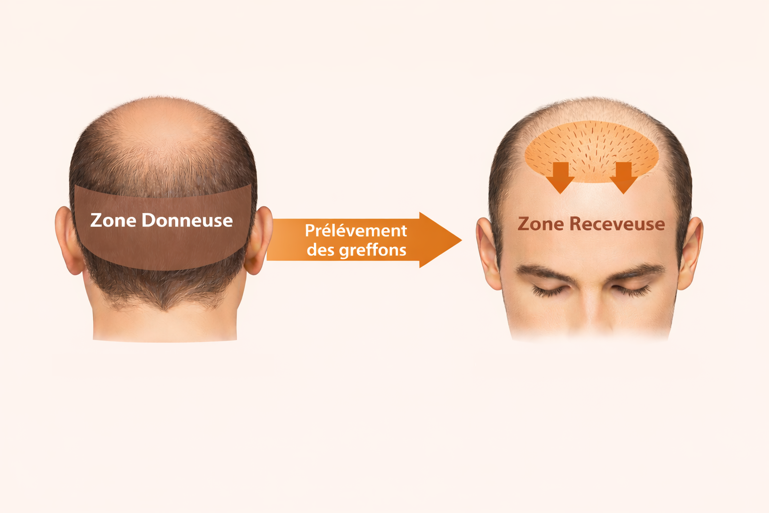 schéma de la zone donneuse et de la zone receveuse du cuir chevelu