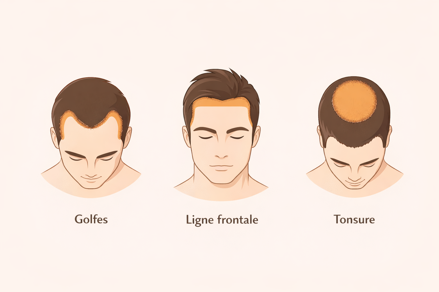 schéma des zones du cuir chevelu : golfes, ligne frontale et tonsure