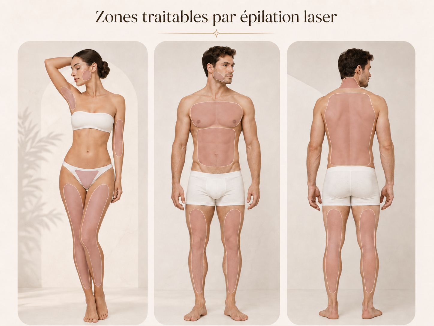 Zones traitées par épilation laser zones épilation laser visage corps aisselles maillot jambes dos